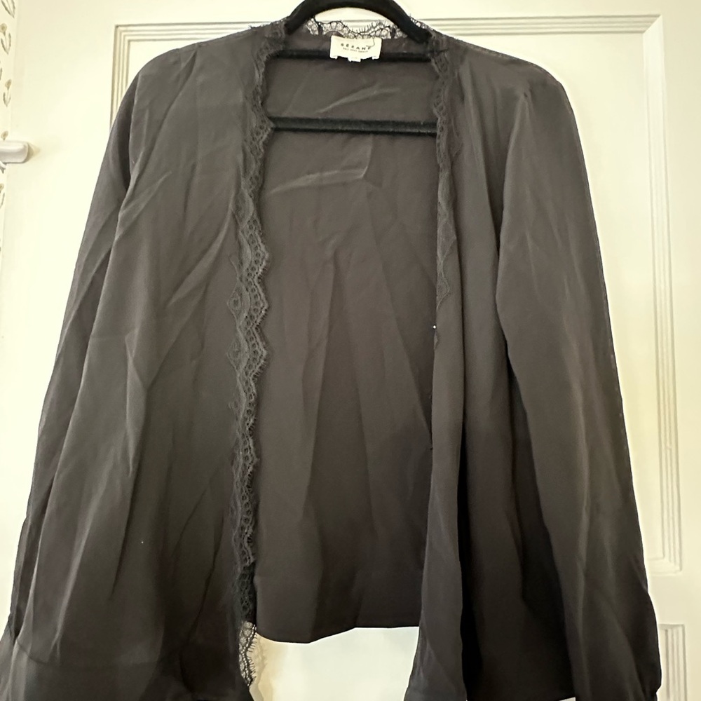 Black Sheer Lace Trim Wrap Blouse